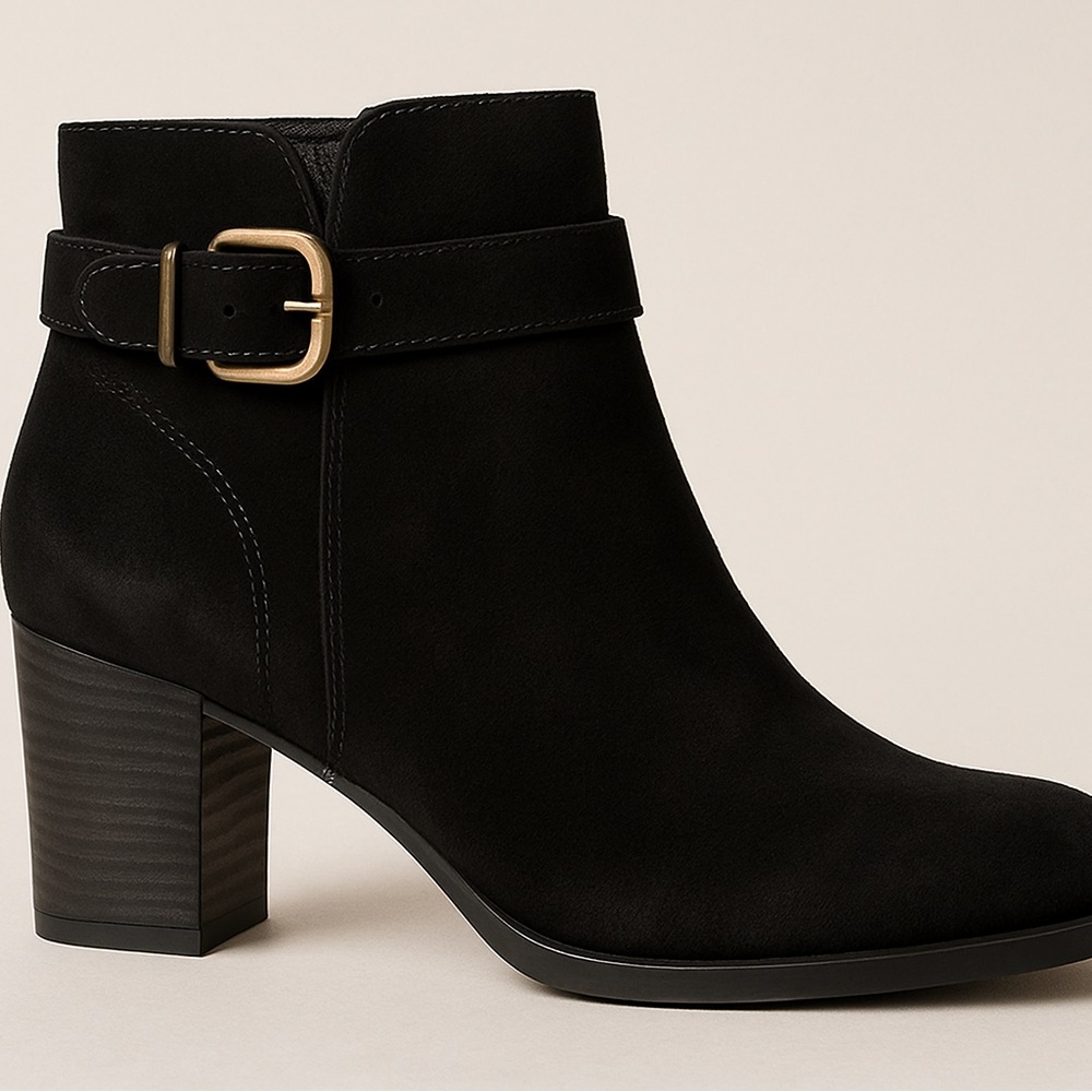 Cole Haan Black Suede Ankle Booties | Size 6.5 | Gold Buckle & Block Heel